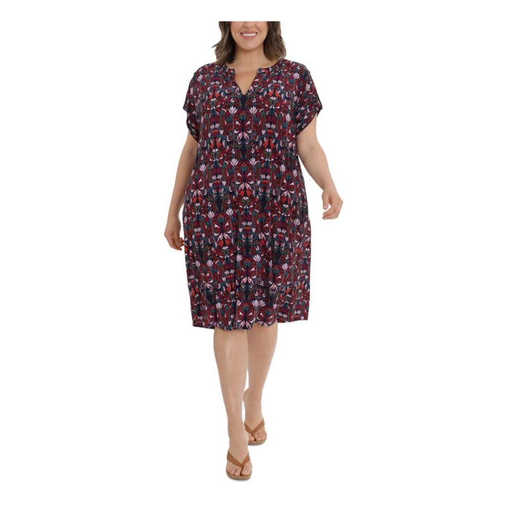 LONDON TIMES WOMAN Womens Navy Short Sleeve Below The Knee Shift Dress Plus 2X